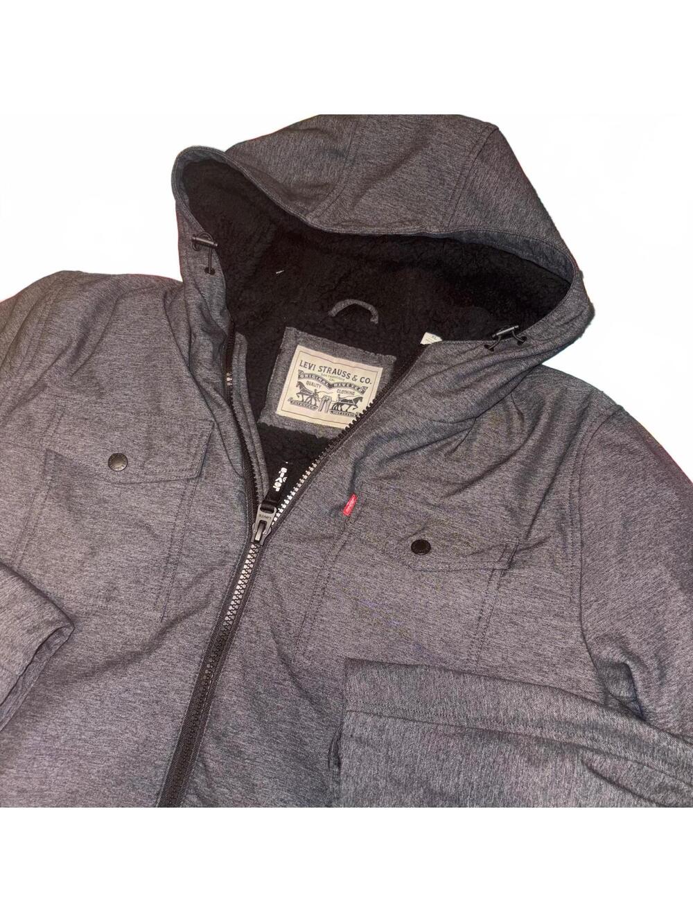 Levi's Men's XL Hooded Soft Shell Rainproof Jacket with Sherpa Lining, Gray